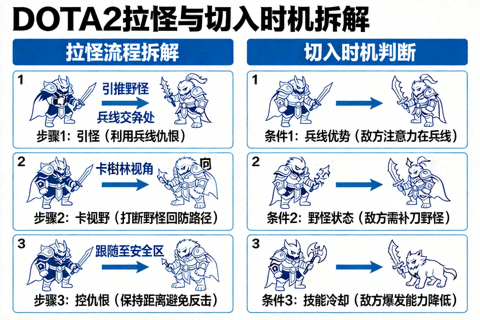 DOTA2拉怪与切入时机拆解示意图