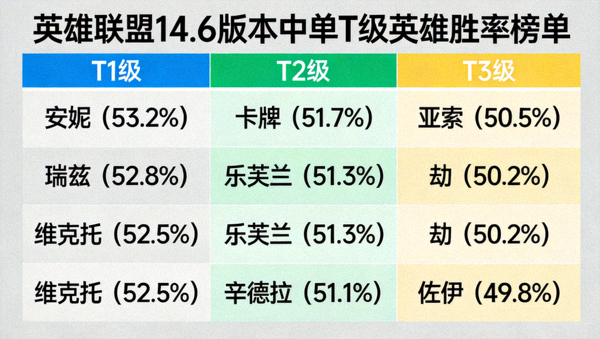 英雄联盟14.6版本中单T级英雄胜率榜单